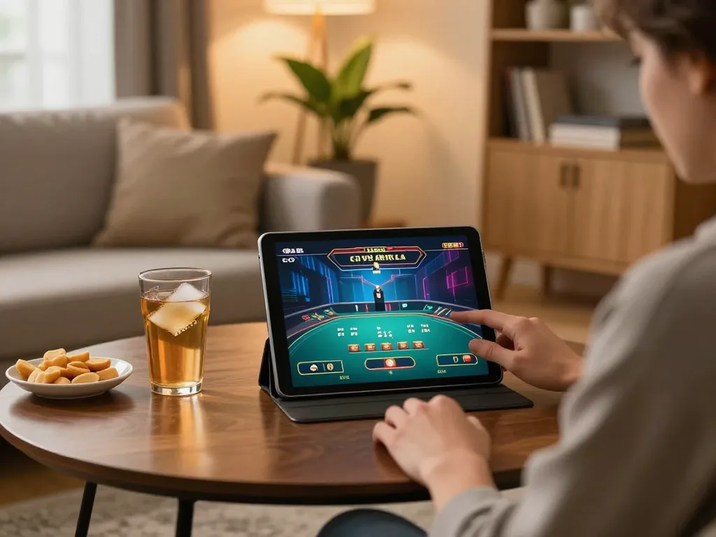 Engaging in live casino gameplay on ph22 app in a cozy living room setting.