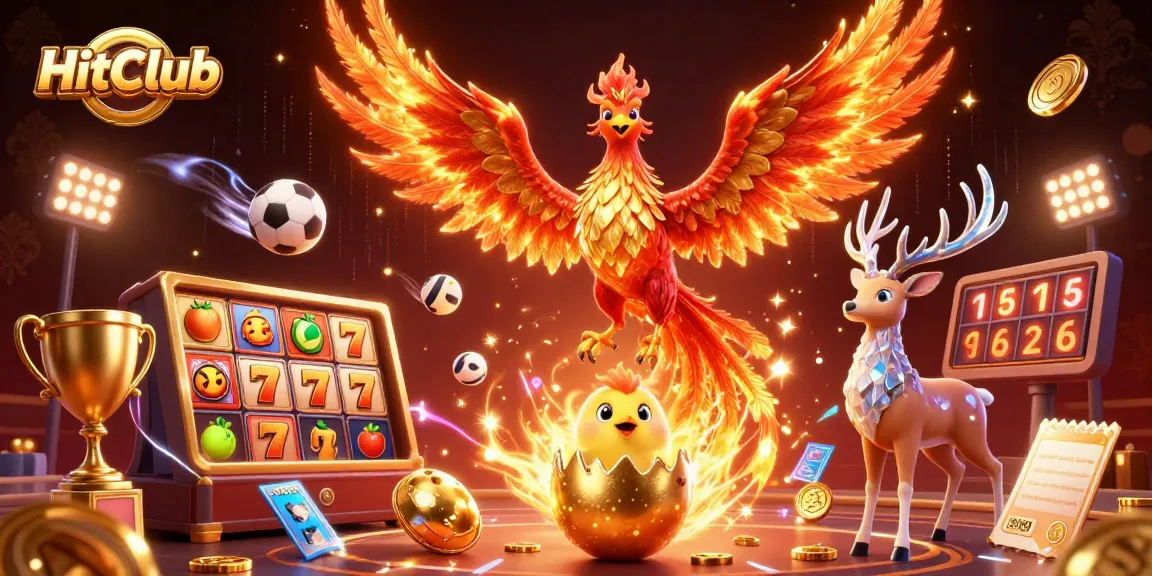 Engage with HitClub’s vibrant gaming experience featuring a lively phoenix and slots symbols.