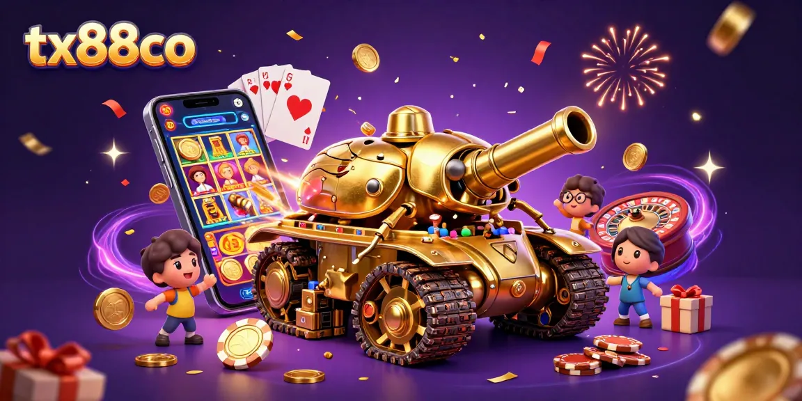 Experience thrilling gaming action at tx88co with vibrant casino elements and gold coins flying during the celebration