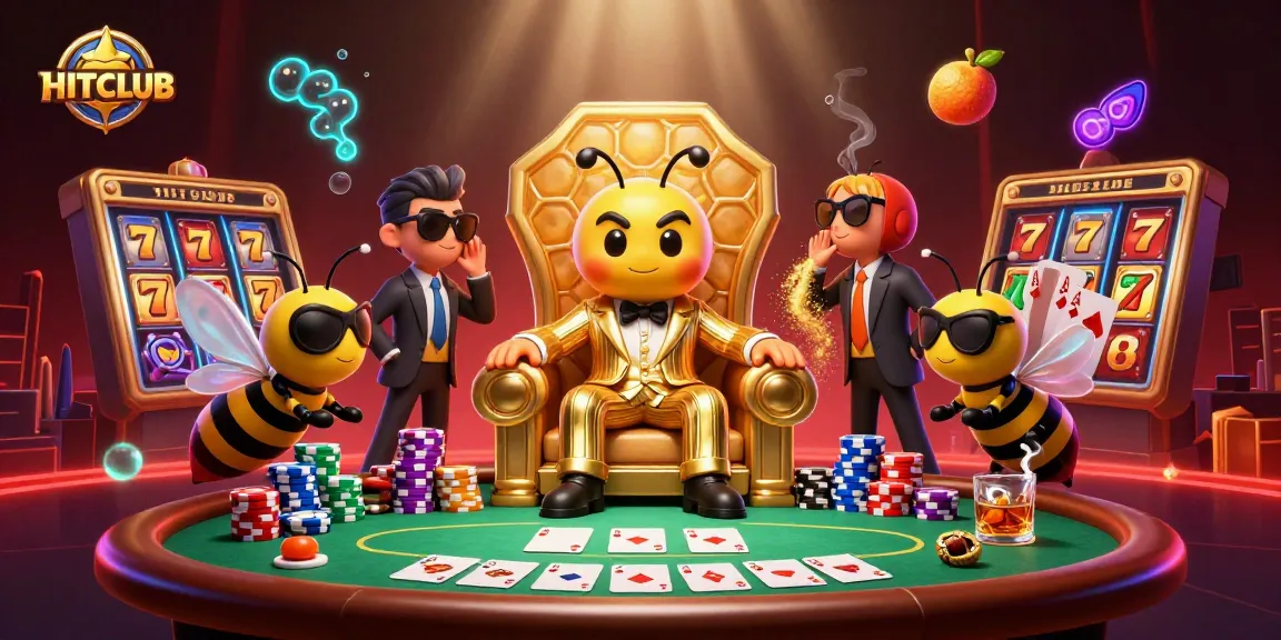 Join the excitement at HITCLUB with dynamic slot reels and vibrant gambling elements surrounding a cartoon mob boss.