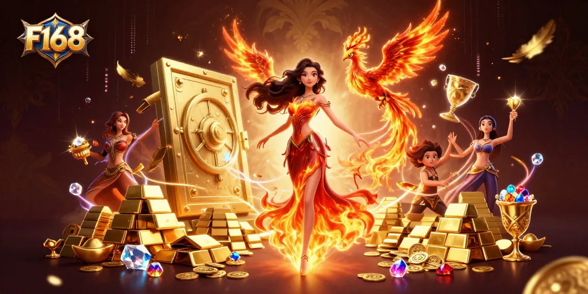 Win big with F168 at the casino, featuring vibrant characters and treasure bursting with excitement.