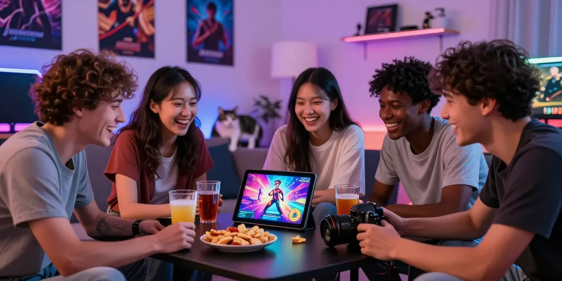 Friends enjoying a lively hentai game on a tablet surrounded by snacks in a cozy room.