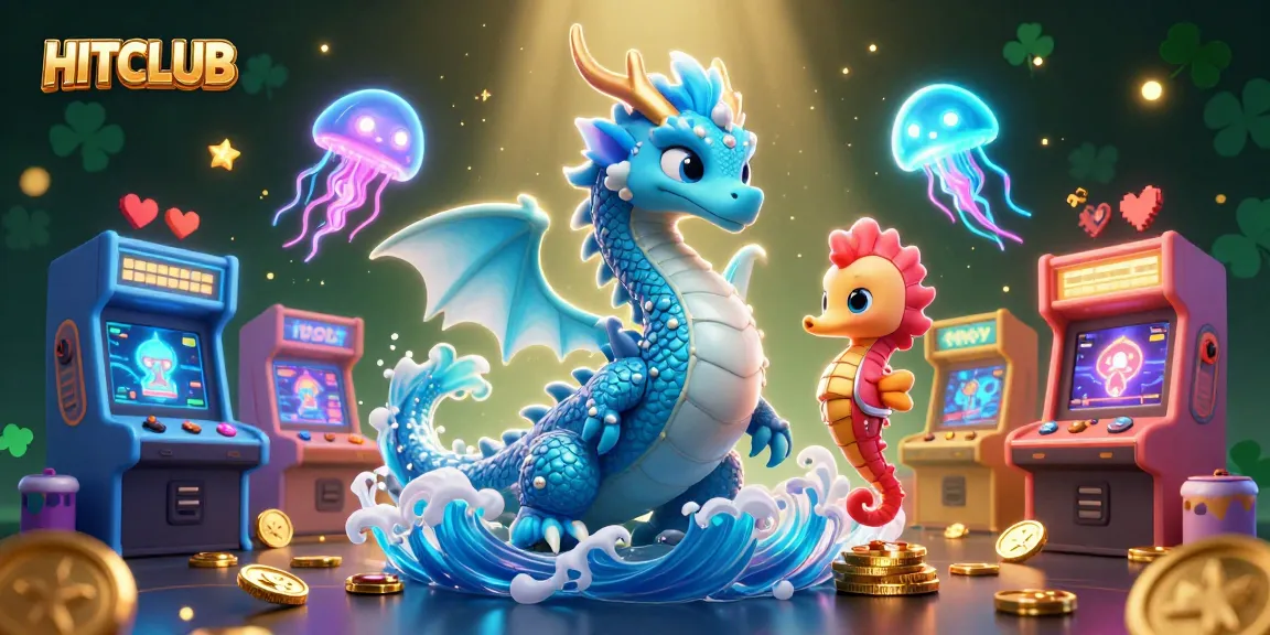 Experience excitement at HITCLUB with a glowing underwater casino scene featuring vibrant characters and game elements.