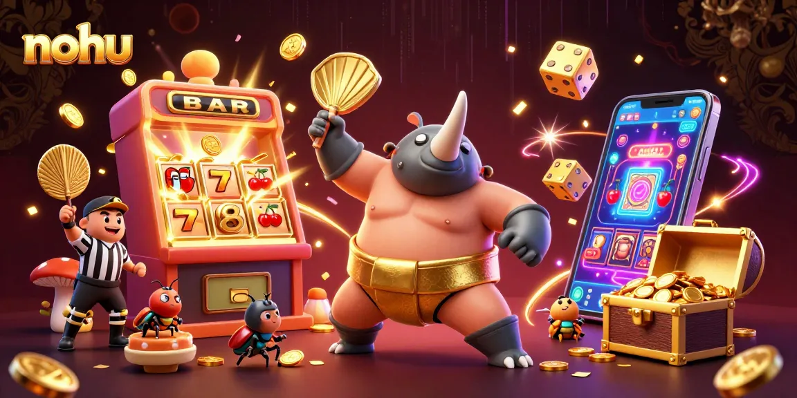 Nohu showcases a vibrant slot scene with a rhinoceros beetle champion sending coins flying in a thrilling jackpot explosion.