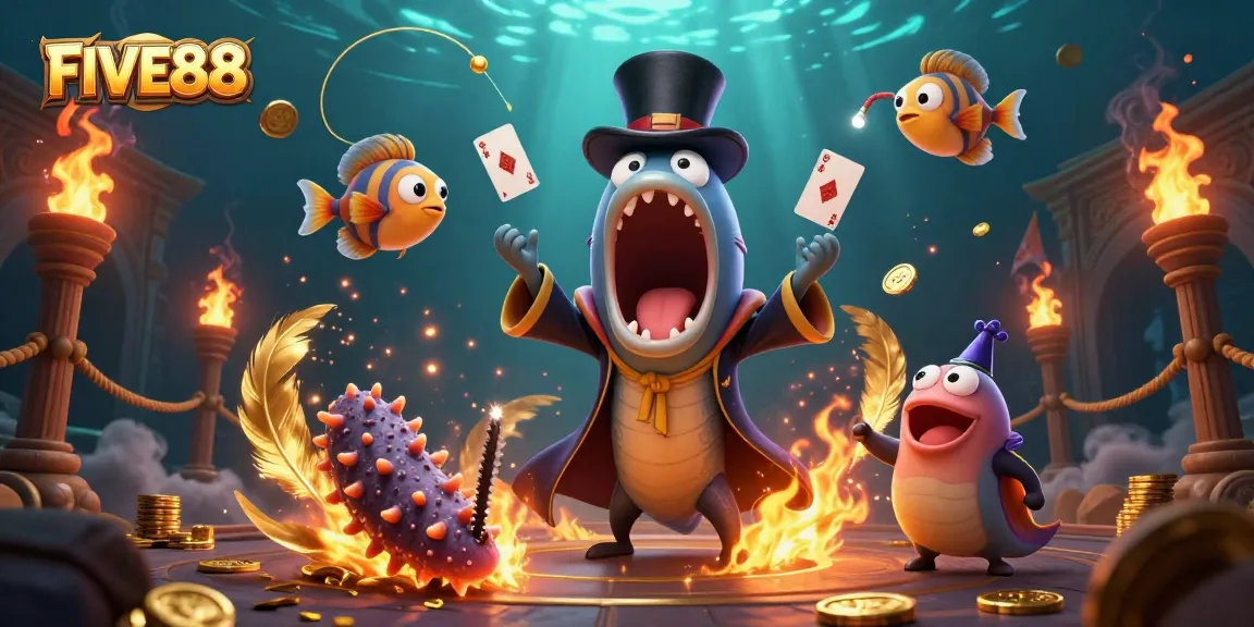 Experience the excitement of winning at FIVE88 with vibrant casino-themed deep-sea characters and magical effects.