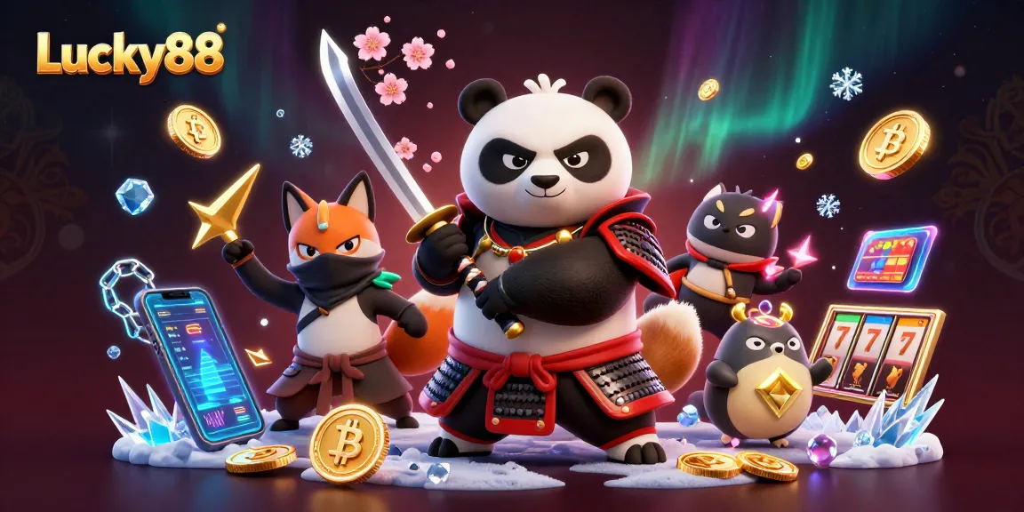 Experience high-stakes action with Lucky88 featuring samurai panda and ninja fox in a vibrant casino setting.