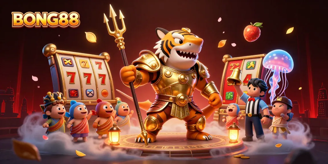 BONG88 showcases a vibrant casino scene with a tiger shark and dynamic slot elements.