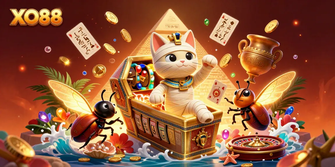 Experience the thrilling energy of XO88, where a mummy cat bursts forth in a vibrant casino scene.