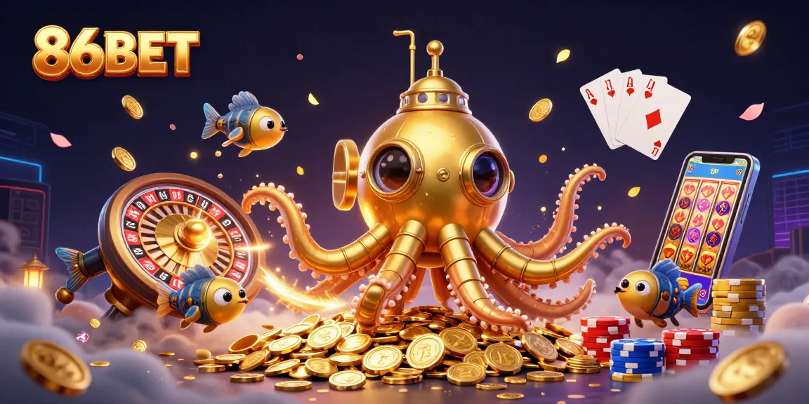 Experience thrilling gameplay with 86BET as the golden kraken submarine navigates through a treasure of coins and casino elements.