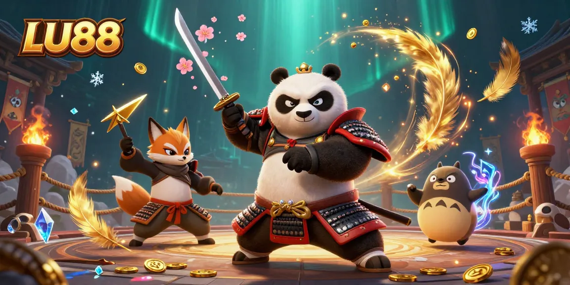 LU88 samurai panda and ninja fox dynamic scene amidst colorful casino elements.