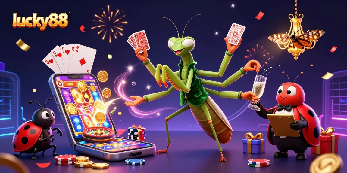 Experience the excitement of lucky88 with a vibrant cartoon scene of a praying mantis card sharp and ladybug pit boss
