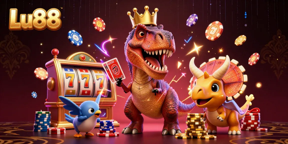Play exciting slots at Lu88 with a T-Rex shuffling cards and a triceratops stacking chips.