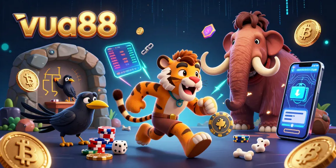 Experience exciting gaming at vua88 with a vibrant casino scene featuring cartoon characters and crypto elements.