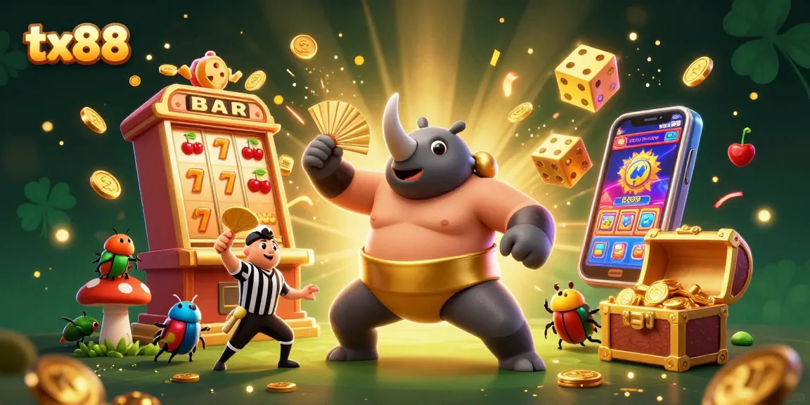 Experience excitement at tx88 with a sumo beetle champion amidst jackpot slots and vibrant casino elements.