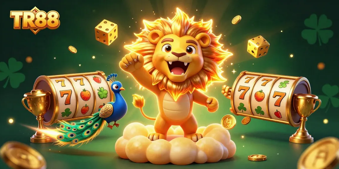 Experience the vibrant thrill of TR88 with a dazzling casino-themed scene highlighting slot reels and golden trophies.