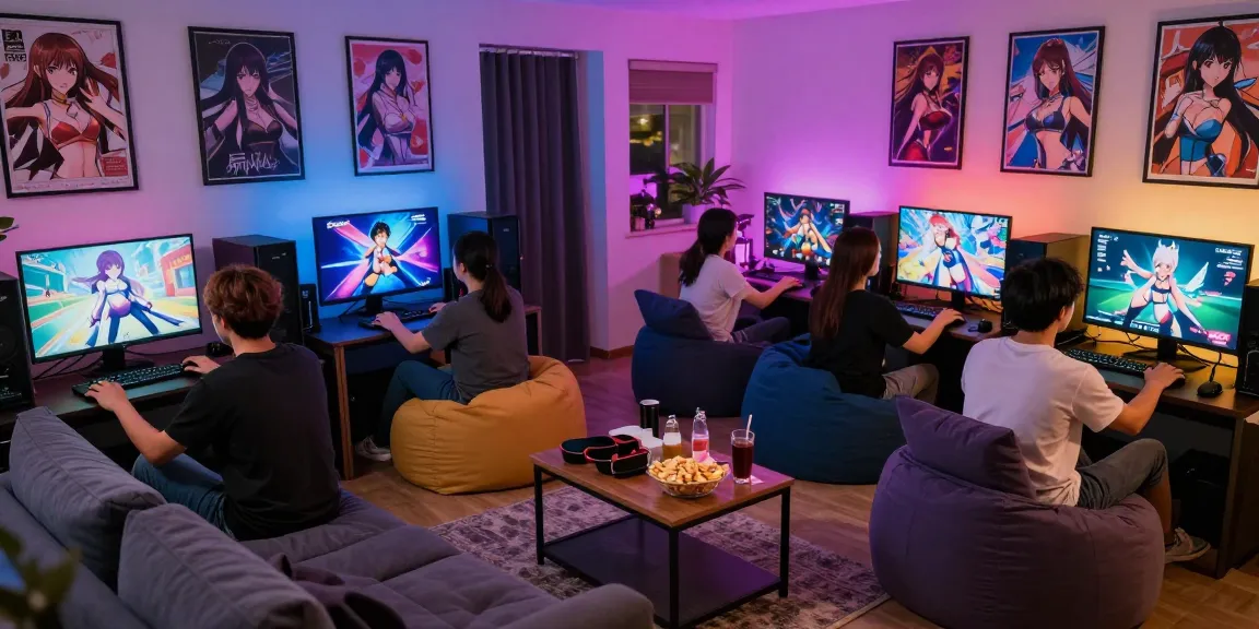 Group of adults enjoying hentai games together in a cozy gaming lounge.