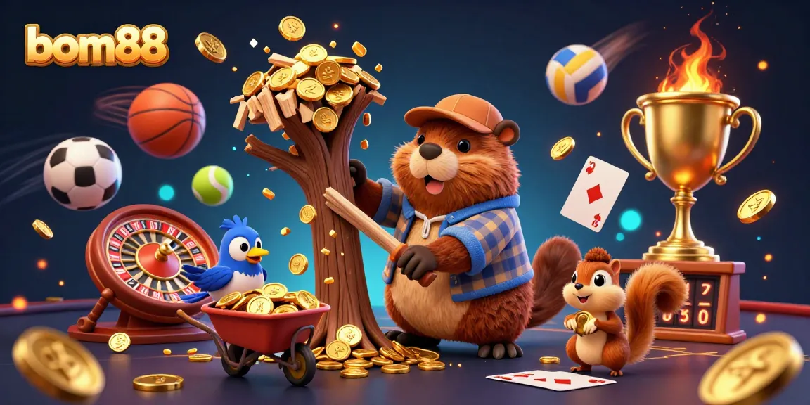 Experience thrilling casino action with bom88 in this vibrant scene filled with gold, sports elements, and fun characters.