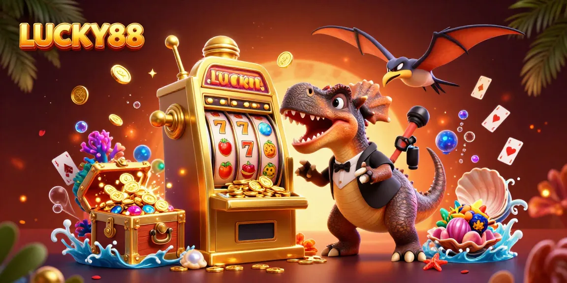 LUCKY88 triggers a jackpot as cartoon characters celebrate, showcasing thrilling slot machine action.