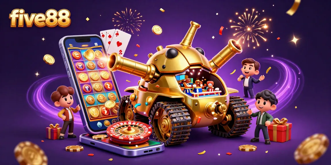 Experience the excitement of five88 casino games with a golden beetle tank revealing a casino inside.
