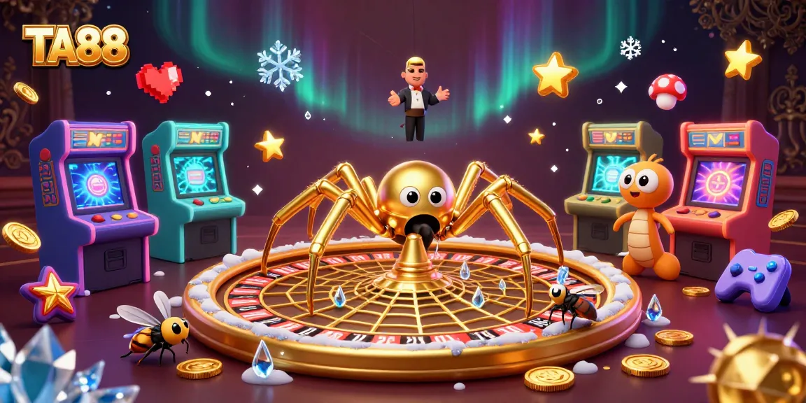 TA88 brings excitement as a fly bets at a roulette wheel spun by a golden spider in this vibrant casino scene.