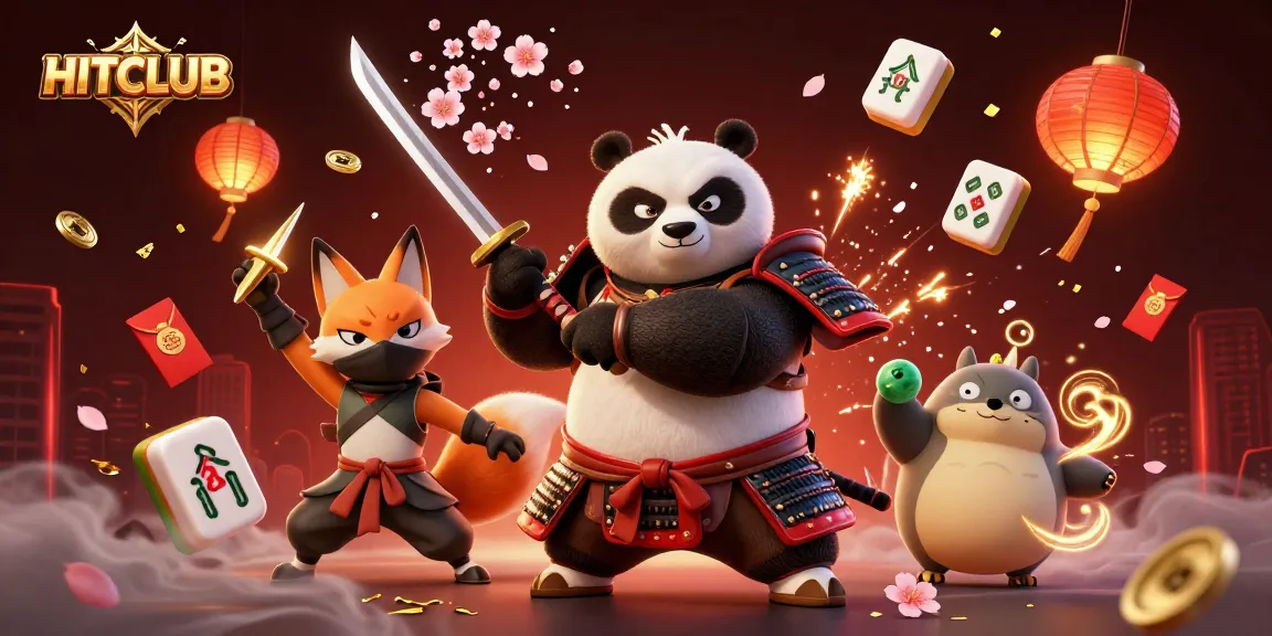 Experience epic gameplay at HITCLUB with a fantasy scene featuring samurai panda, ninja fox, and magical elements.