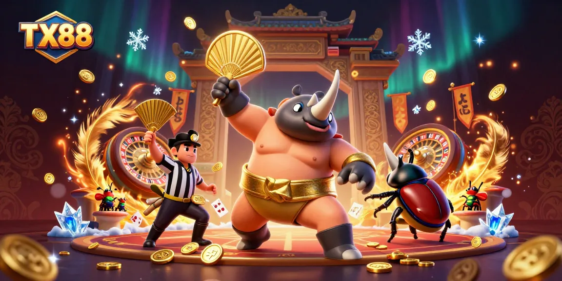 Experience the excitement of TX88 in a vibrant 3D live casino scene filled with animated characters and gambling elements.