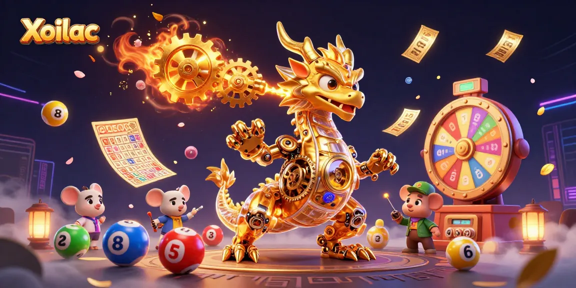 Xoilac offers an exciting lottery experience with colorful balls and golden elements in a lively casino setting.