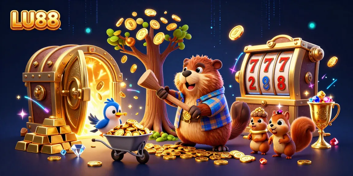 Collect golden coins and jackpots with LU88 in this vibrant casino-themed illustration.