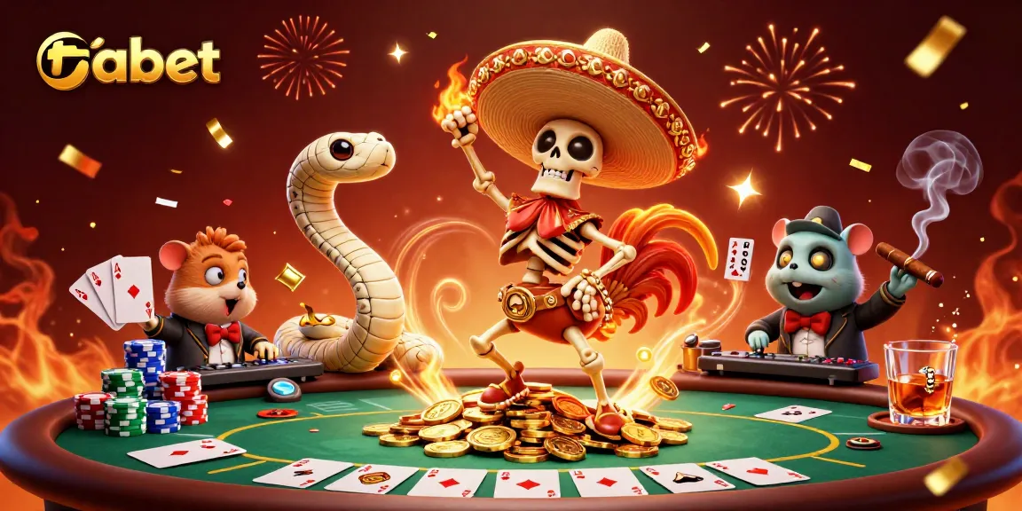 Experience fabet's thrilling casino adventure with flying poker chips, a dancing mariachi rooster, and vibrant celebrations.