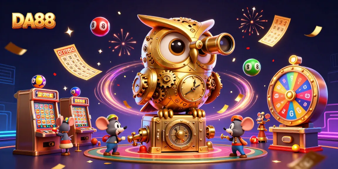 Engage with DA88 at a vibrant casino featuring a clockwork owl, lively lottery elements, and dazzling prizes.