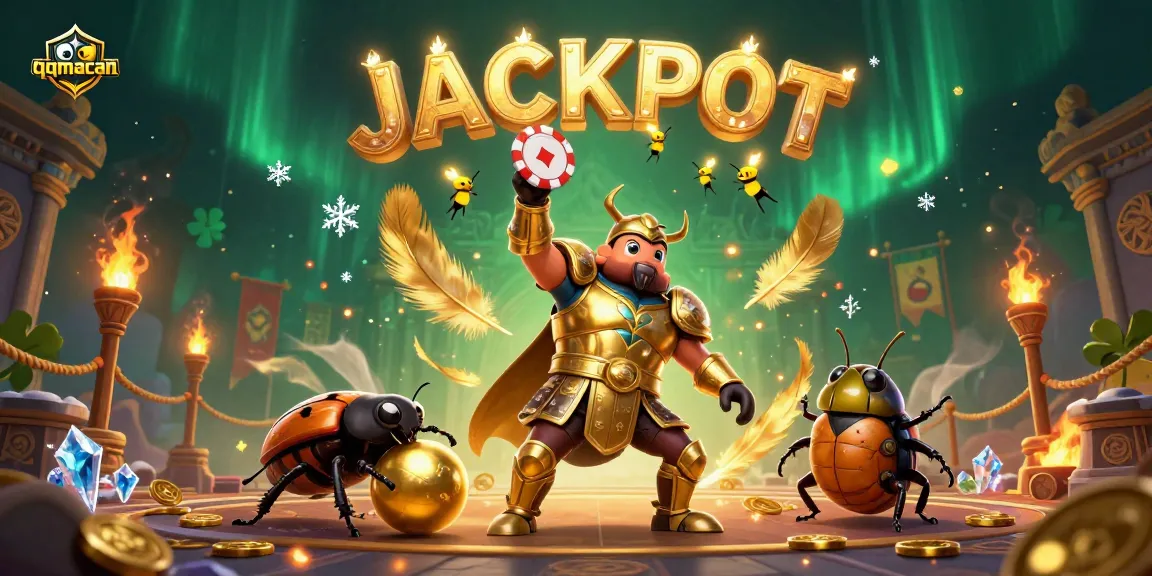 Spin the jackpot at qqmacan with a hero beetle raising a poker chip high in celebration!