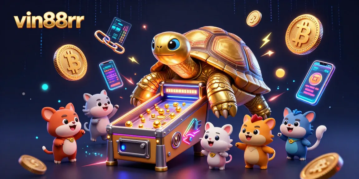 Discover vin88rr's vibrant gaming scene with a colossal tortoise pinball machine, ready for action!