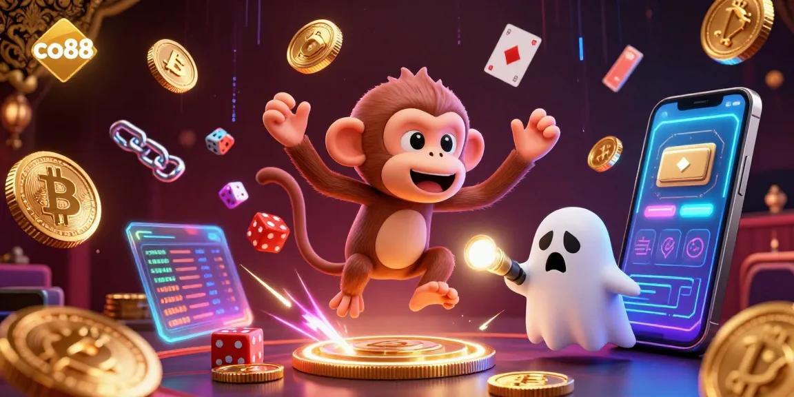 Engage with co88 as a playful poltergeist monkey juggles gold coins and casino elements in a vibrant, haunted casino scene.