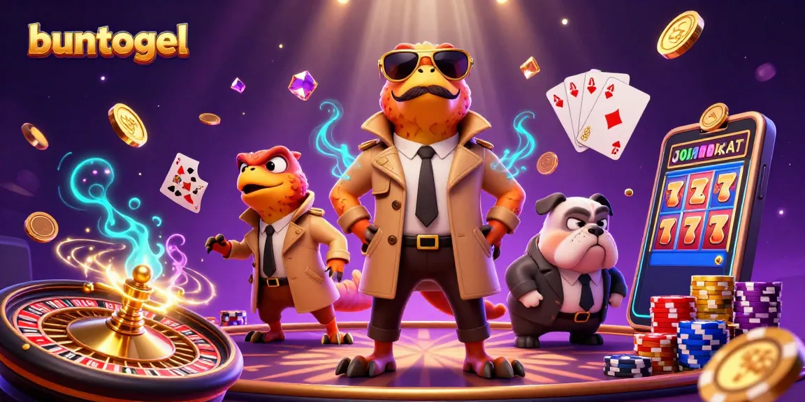 Buntogel offers immersive casino experience with three raptors in trench coat humorously attempting VIP entry.