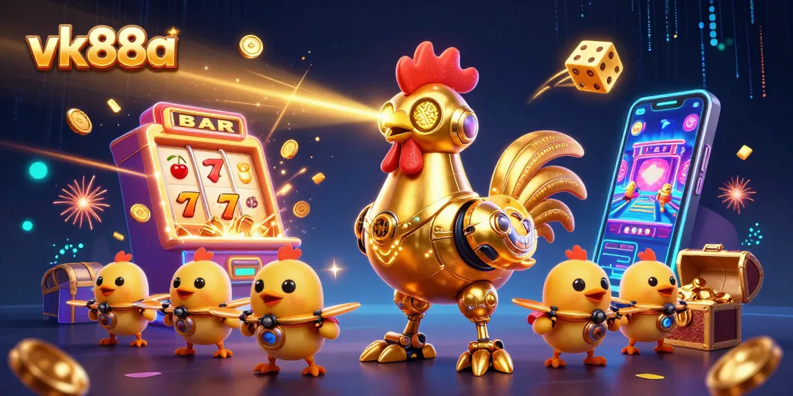Engage in thrilling casino adventures with vk88a's vibrant 3D illustration of retro-futuristic characters and vivid slot elements.