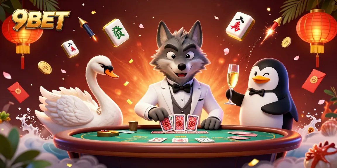 Experience the thrilling atmosphere of 9BET with card games and vibrant casino elements.