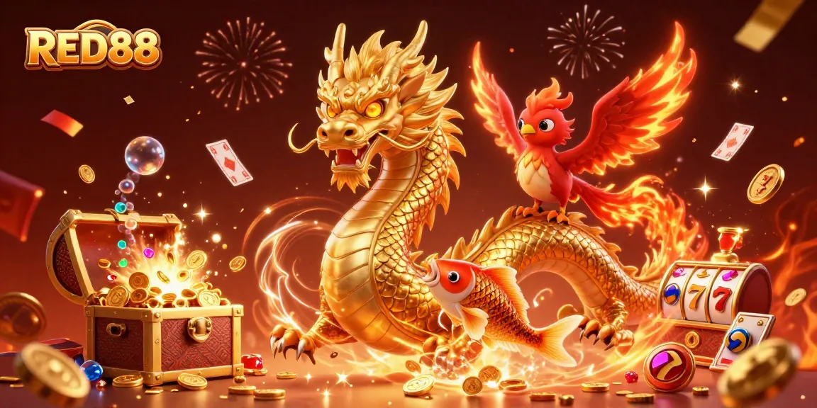 Join the excitement at RED88 with a fierce dragon and winning golden games in a vibrant casino scene.