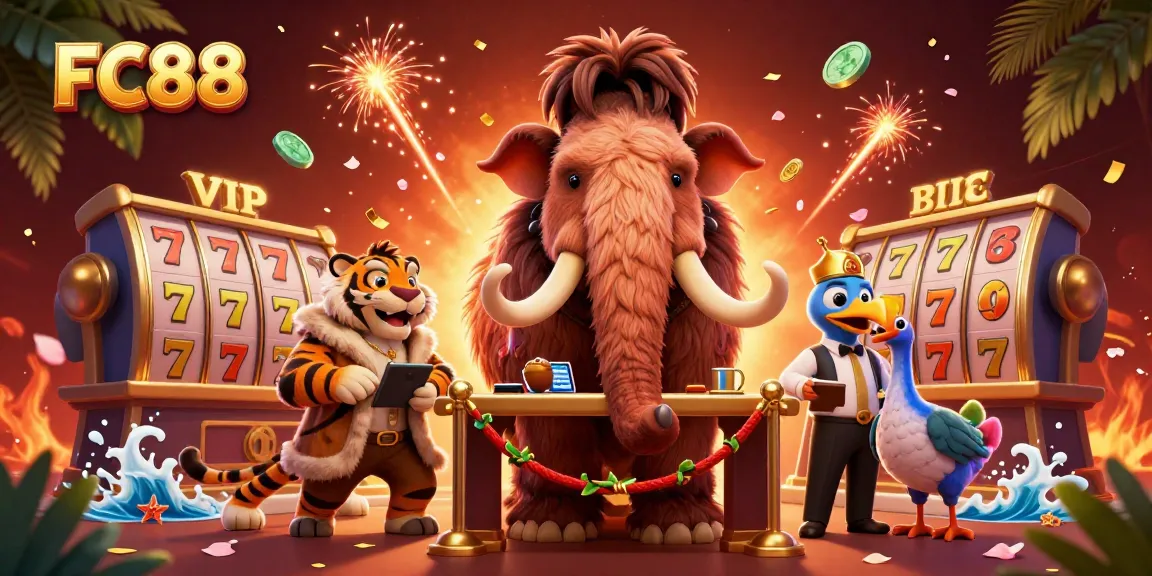 Experience the excitement of FC88 with a casino-themed illustration featuring engaging characters and vibrant game elements.