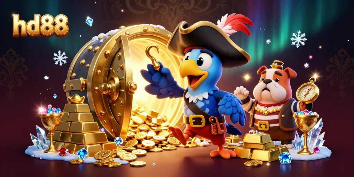 Spin to win with hd88 as the pirate captain parrot and crew find treasures in a vibrant casino adventure.