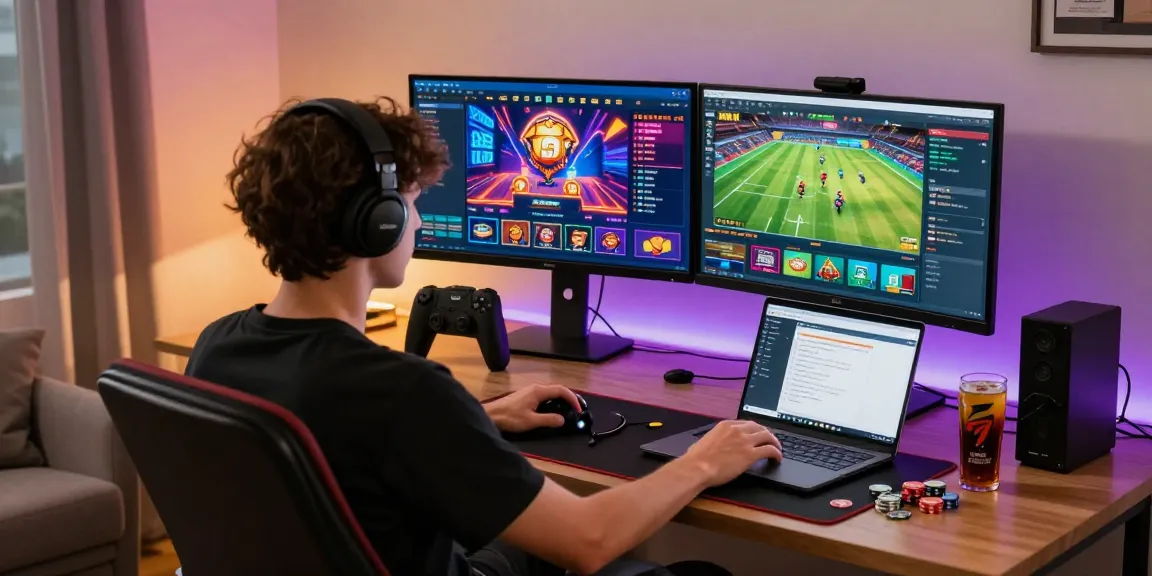 HM 88 gaming enthusiast engaged in online casino and sports betting on multiple screens