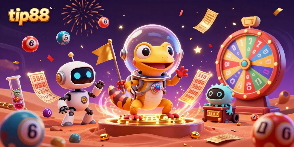 Tip88 showcases vibrant lottery balls and an alien gecko uncovering riches in a golden casino.