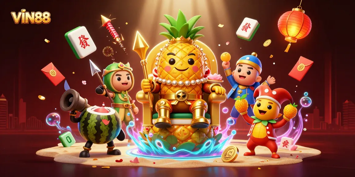 Engage in thrilling gameplay with VIN88’s colorful casino scene featuring vibrant characters and festive gambling elements.