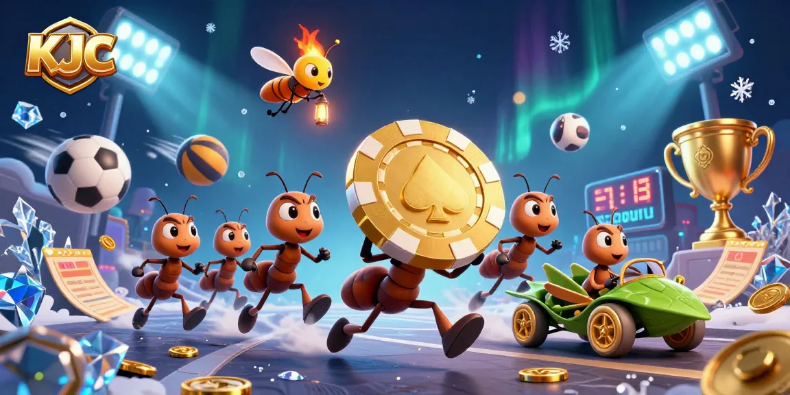 KJC gaming illustration of ants carrying a giant poker chip in an exciting heist scene.