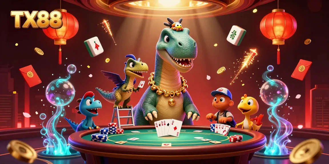 Experience TX88 thrilling poker action with lively characters and vibrant casino elements.