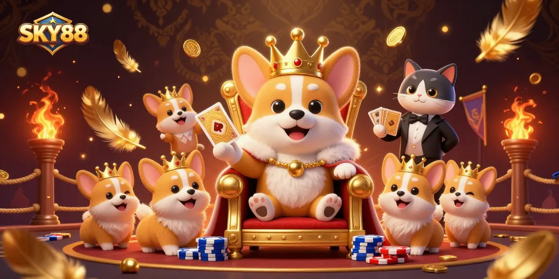 Engage at SKY88 with captivating 3D royal corgi royalty surrounded by dazzling casino elements.