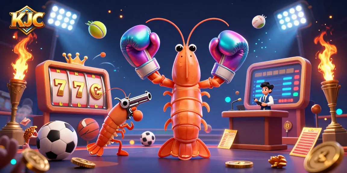 KJC promotes engaging gameplay with vibrant 3D shrimp characters amidst a dynamic casino backdrop.
