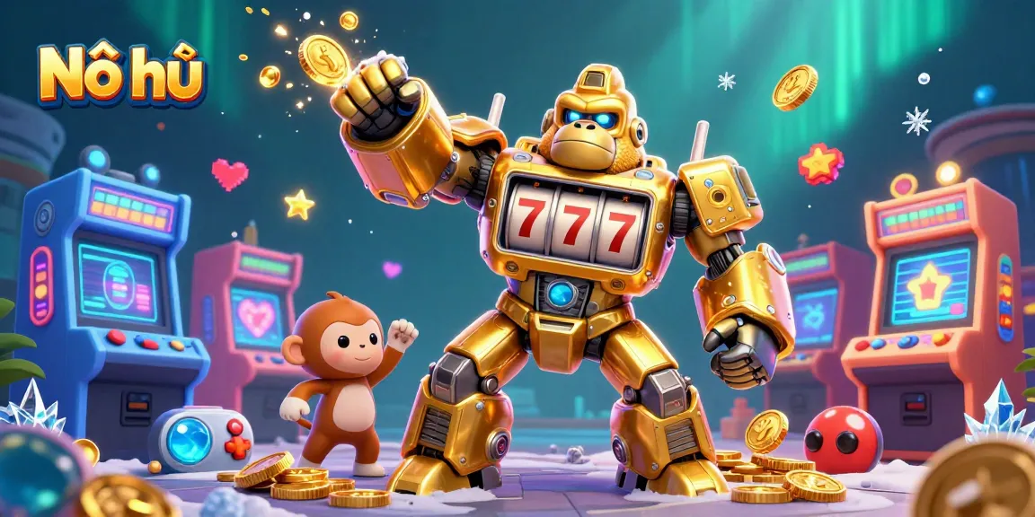 Nổ hũ slots unleash exciting wins through a vibrant 3D illustration filled with colorful arcade elements.