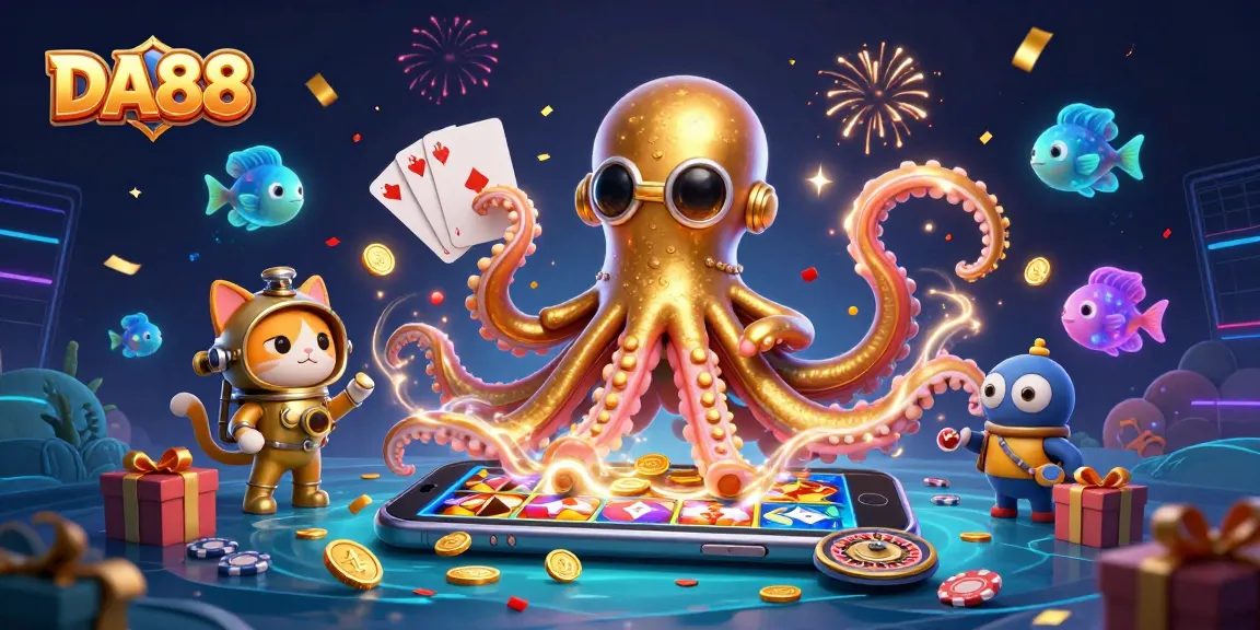 Experience thrilling gameplay at DA88 with a vibrant scene of a kraken and diving cat amid exciting gambling elements.