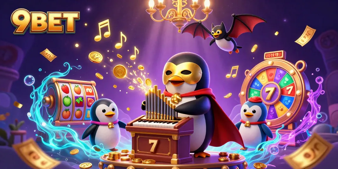 Immerse in the fun at 9BET with a whimsical casino scene featuring colorful slot games and a charming penguin.