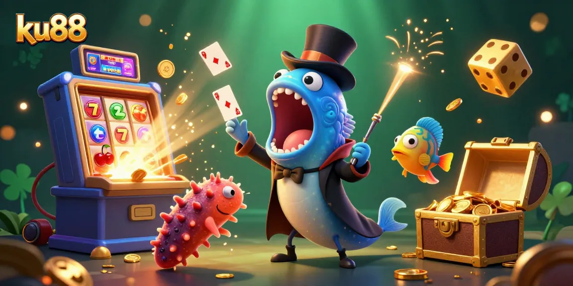 Experience vibrant gaming with ku88's deep-sea magic act featuring animated characters and casino symbols.